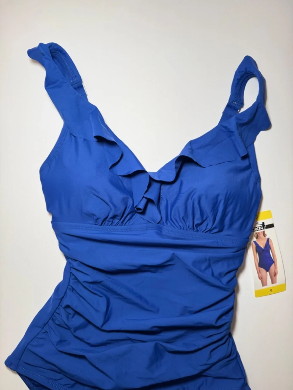 DKNY One Piece Swimsuit Small Blue Ruffle V-Neck Ruched Tummy Control NWT - Picture 4 of 8